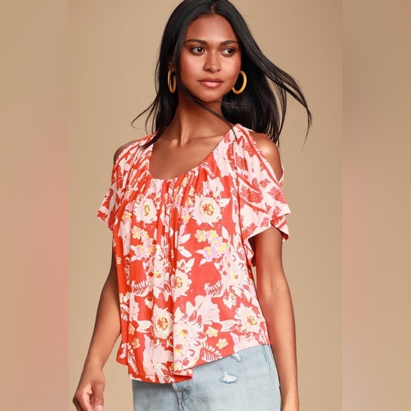 Free People Baja Babe Red Floral Cold Shoulder Top - Picture 1 of 6